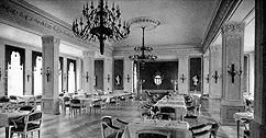 The dining hall at Hotel Verlassene Lampen. Harz Mountains, Germany. 1912.