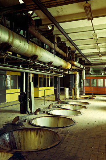 Hall of floor funnels at Jordberga sockerbruk. Skåne, Sweden. August 2008.