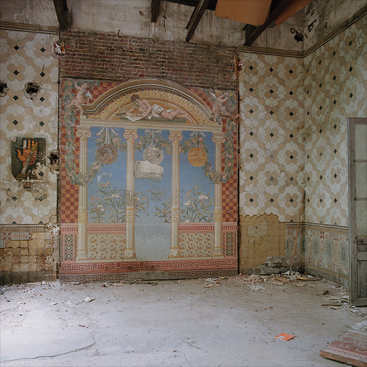 Quite possibly the old showroom. Parts of the mosaics have been removed at Céramiques Simons. Le Cateau, Nord, France. May 2016.