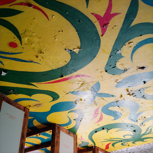 Ceiling creativity in one of the barrack storage rooms at Soviet Military Base FZ. Former DDR, Germany. October 2013.