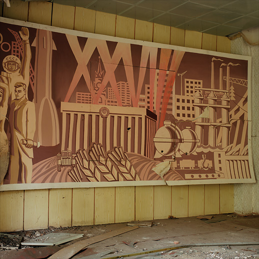 Wall art in the library continued at Soviet Military Base FZ. Former DDR, Germany. October 2013.