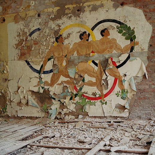 Olympics oriented wall art inside one of the gyms at Soviet Military Base FZ. Former DDR, Germany. October 2013.