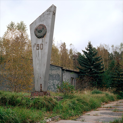 Acknowledging the 50th anniversary of the 1917 revolution at Lychen II Sonderwaffenlager. Former DDR, Germany. October 2011.