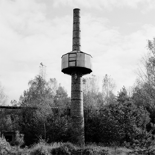 Smoke stack with surveillence add-on at Lychen II Sonderwaffenlager. Former DDR, Germany. October 2011.